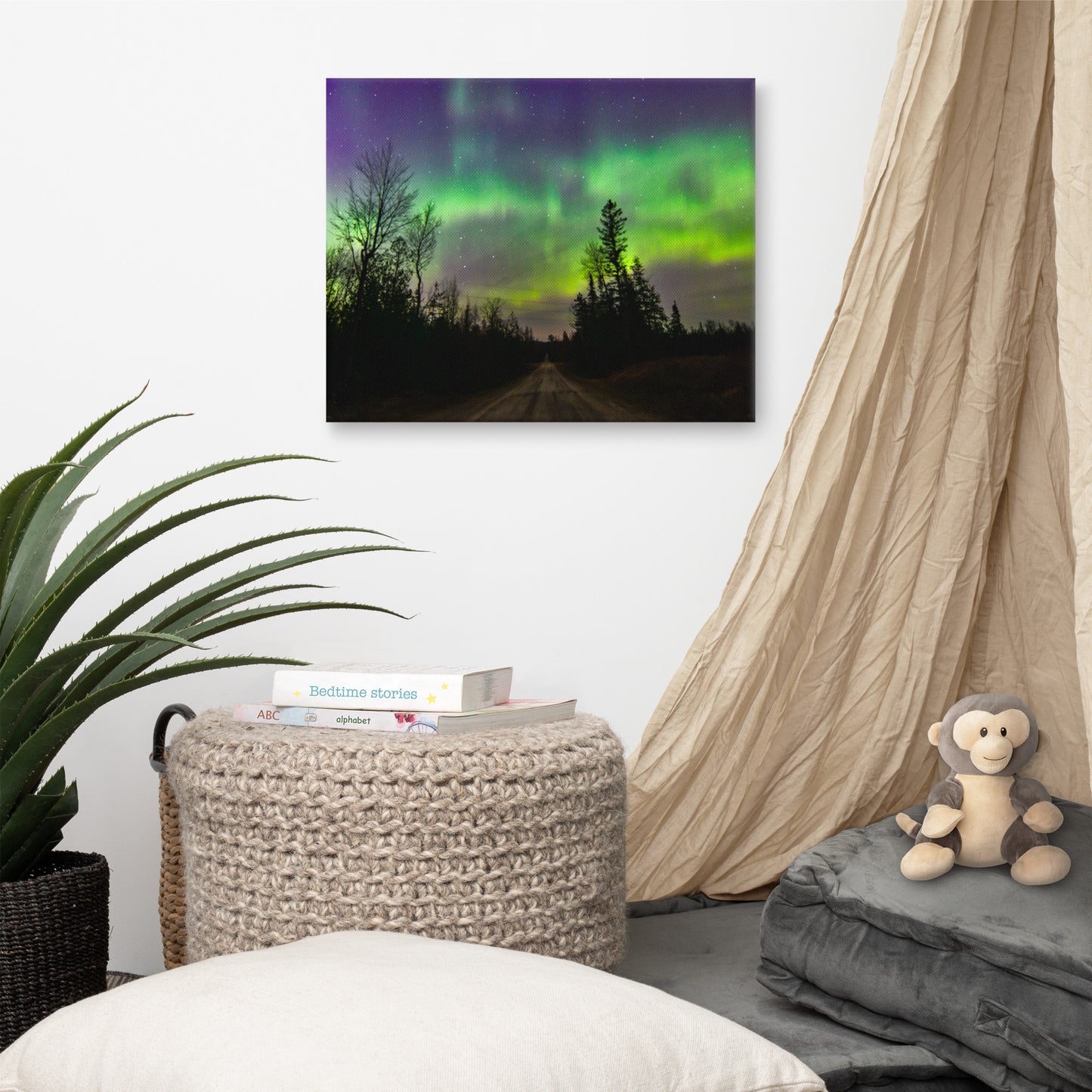 Northern Lights Canvas Print - Rustic Road & Pine Tree Silhouettes, Upper Peninsula Night Sky Art