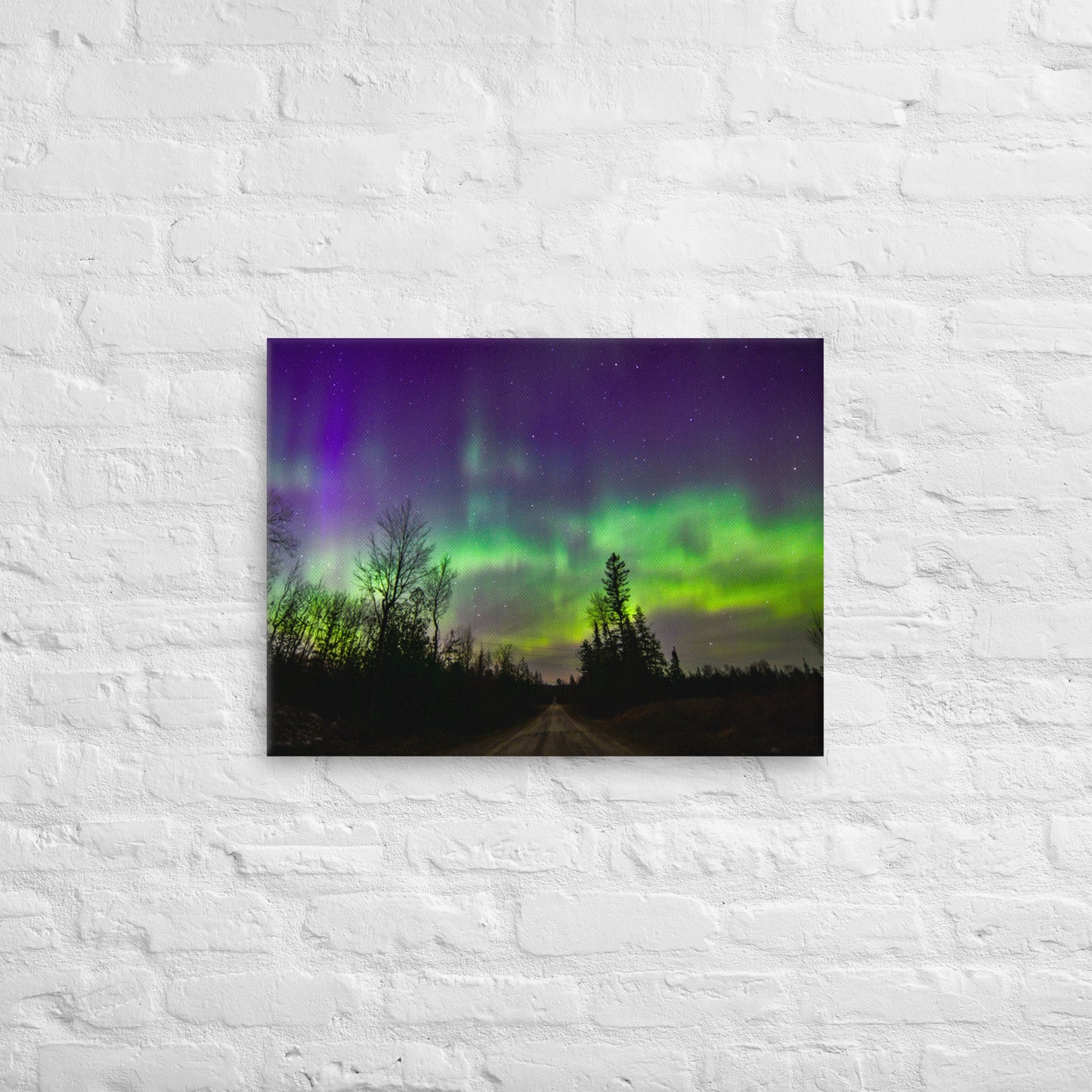 Northern Lights Canvas Print - Rustic Road & Pine Tree Silhouettes, Upper Peninsula Night Sky Art