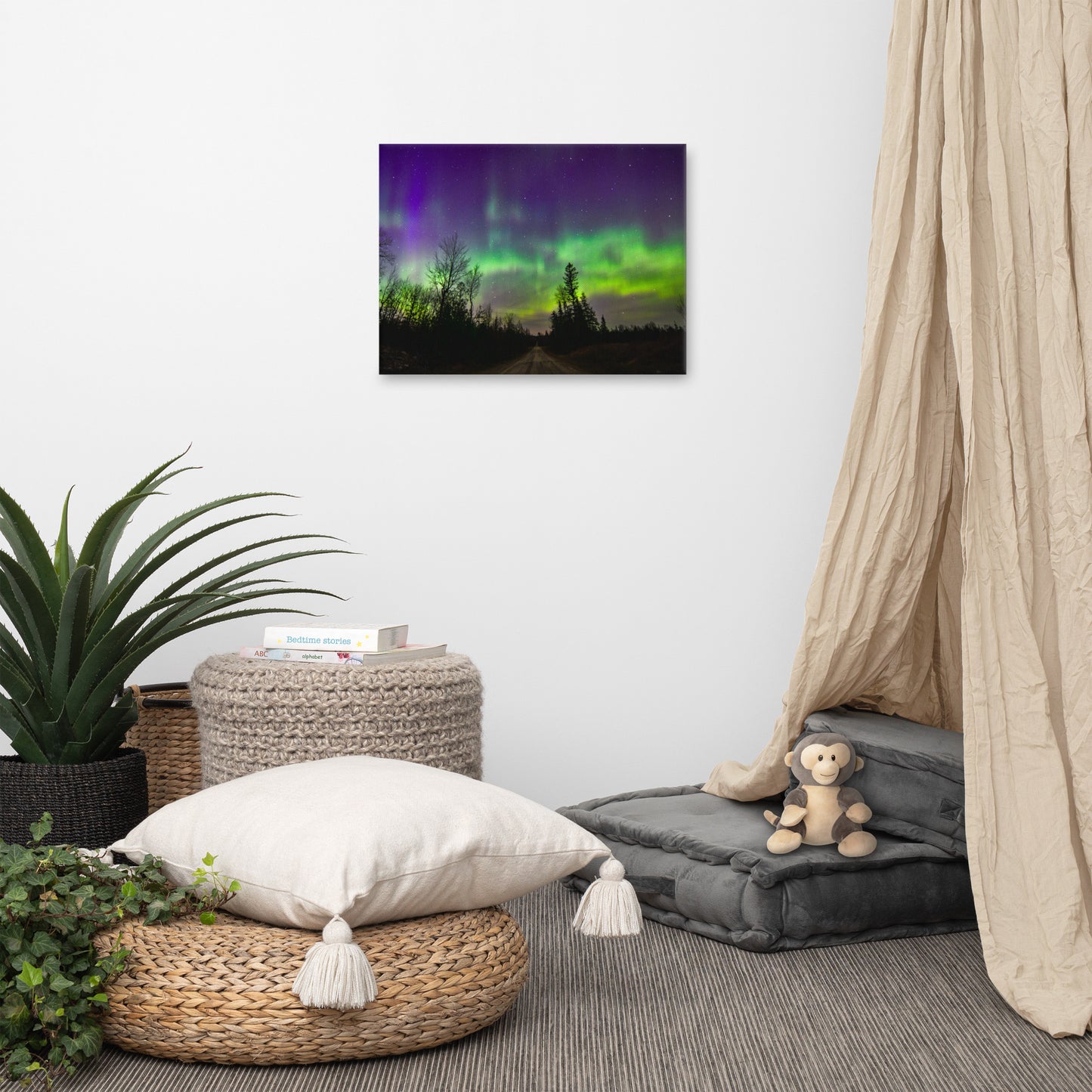 Northern Lights Canvas Print - Rustic Road & Pine Tree Silhouettes, Upper Peninsula Night Sky Art
