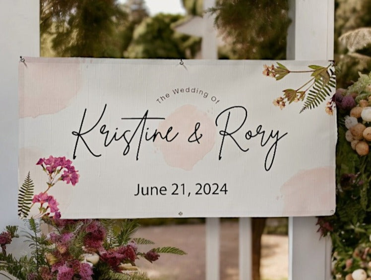 Personalized Wedding Welcome Sign Banner, Includes Couples first name & wedding date, Floral decor for wedding, Anniversary Party Decoration