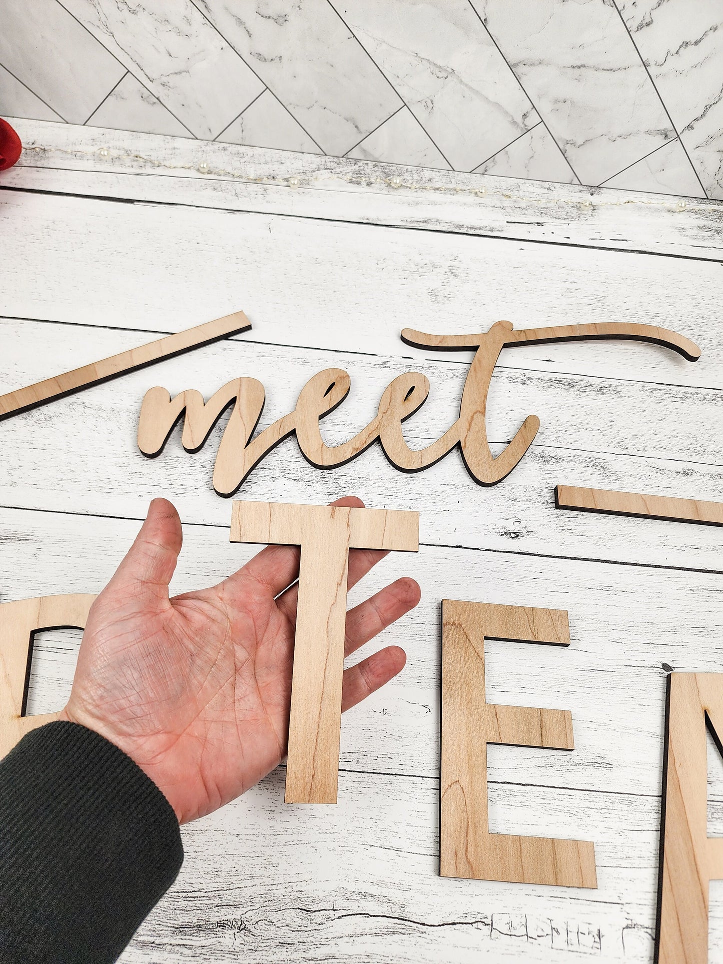 meet OUR TEAM custom sign, painted black, as pictured, cut from maple mdf (1/4" thickness), separate pieces as pictured