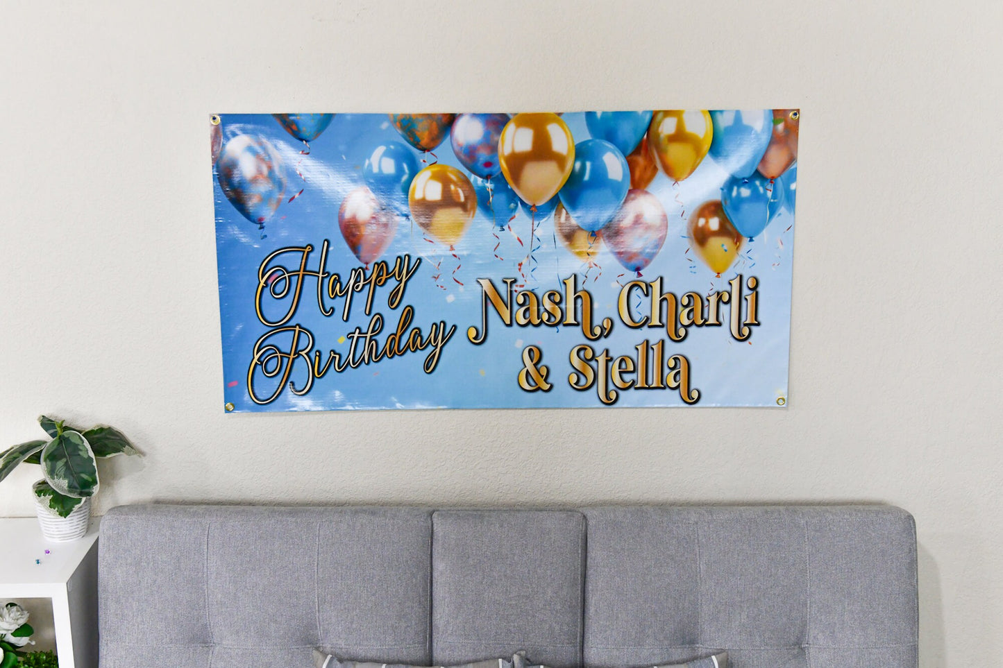 Birthday Banner Custom Name Sign, Personalized, Blue Gold Pink Balloons Party Decor, Indoor Outdoor, Reusable, Bday Celebration Decorations