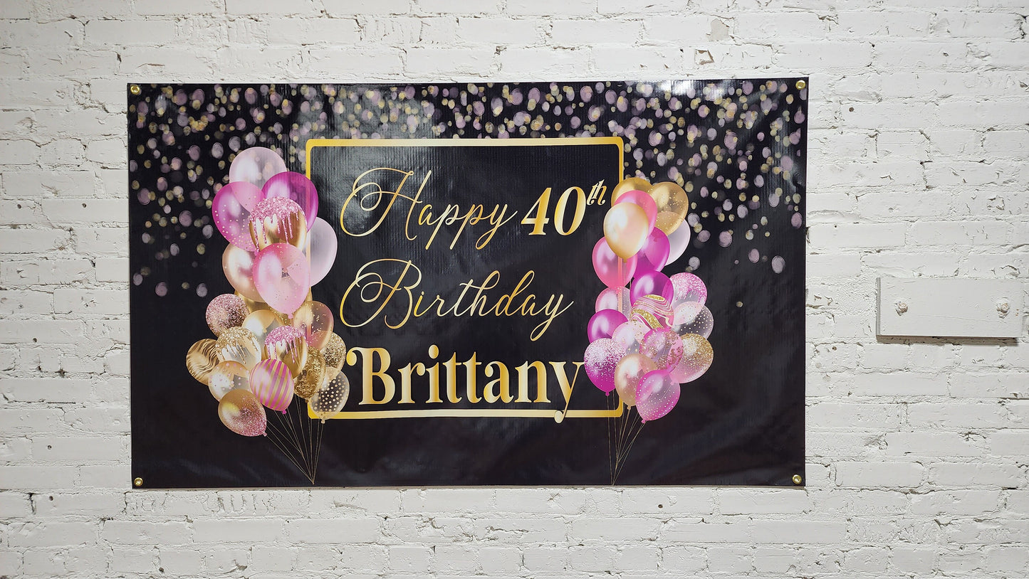 Custom Birthday Banner with Name Personalized, Pink Black Gold, Happy Birthday Flag Sign, Indoor, Outdoor, Reusable Milestone 40th 21st 30th