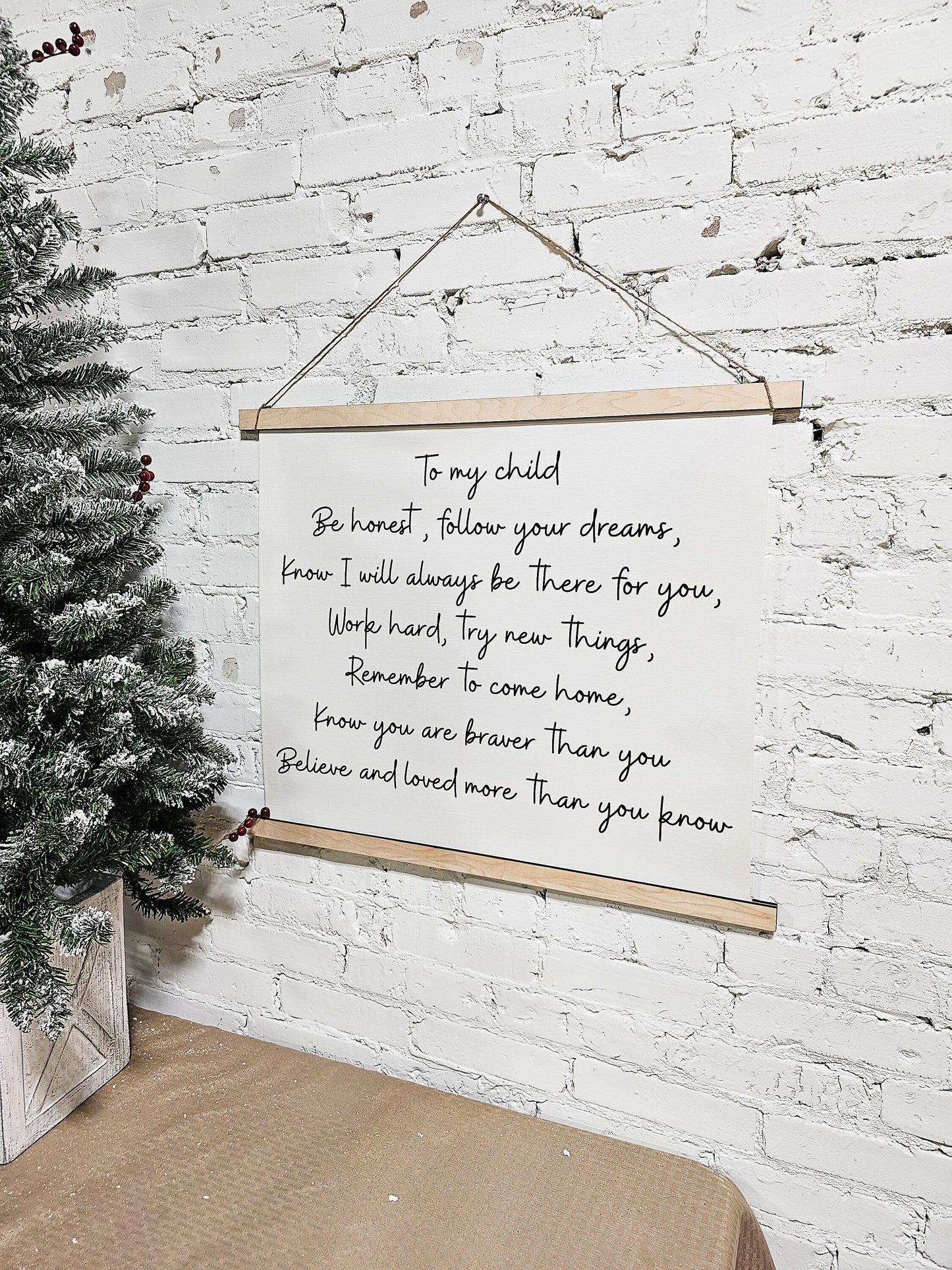 custom phrase hanging framed canvas wall art decor, banner sign. hung with rope, top & bottom framed canvas for nursery, kids room, playroom, or any room with you custom phrase in cursive