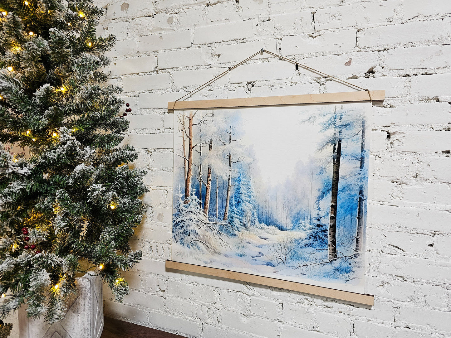 Winter Landscape Wall Art, Snow Draped Trees, Hanging Framed Canvas Decor Sign, Snowy Trail, Simple Minimal, Peaceful Home Decoration