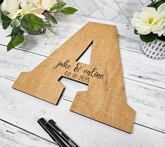 Wedding Guestbook Alternative, Guest Signature Board on Custom Wooden Letter, Personalized with couple's wedding details, Natural Wood Decor