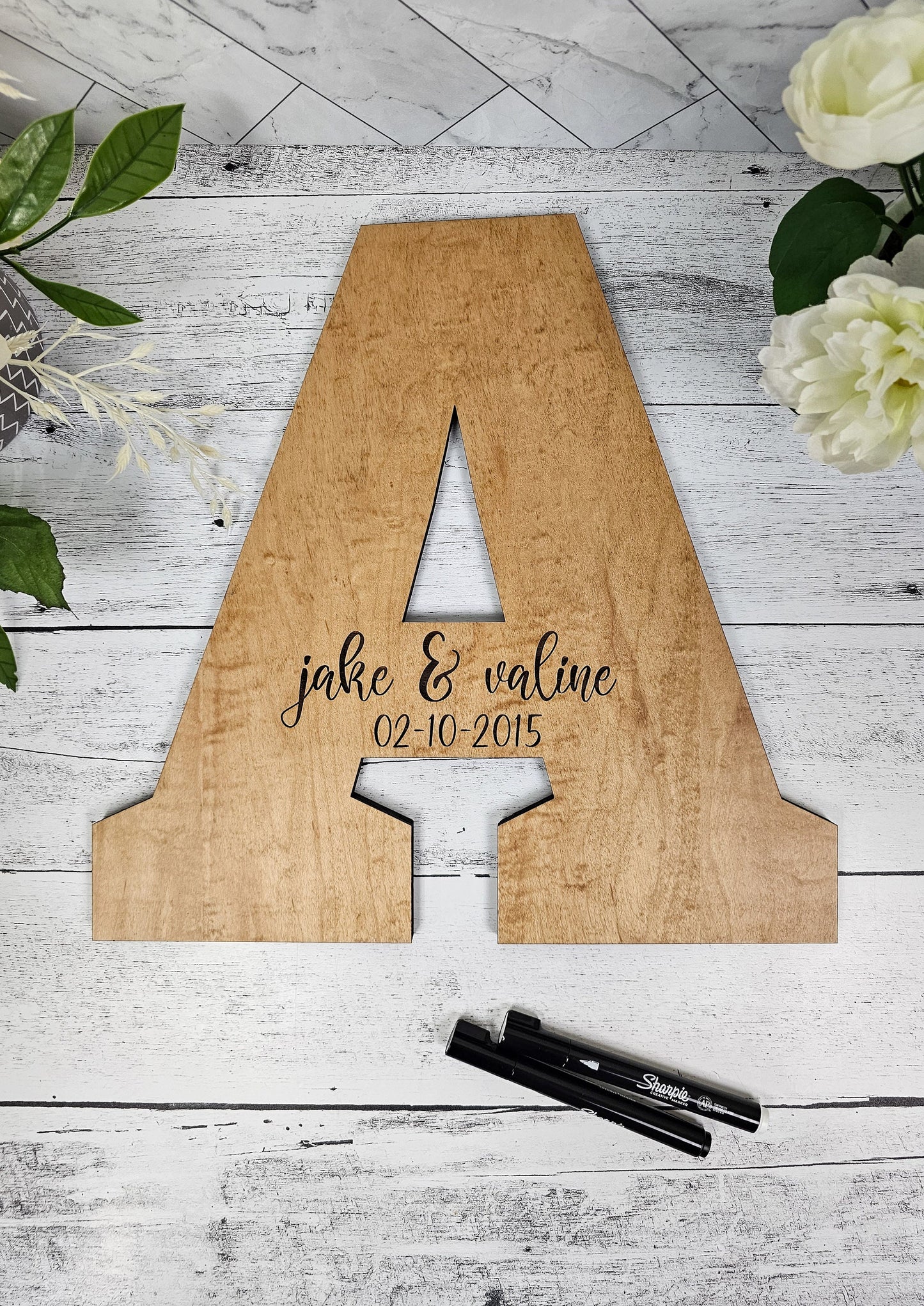 Wedding Guestbook Alternative, Guest Signature Board on Custom Wooden Letter, Personalized with couple's wedding details, Natural Wood Decor