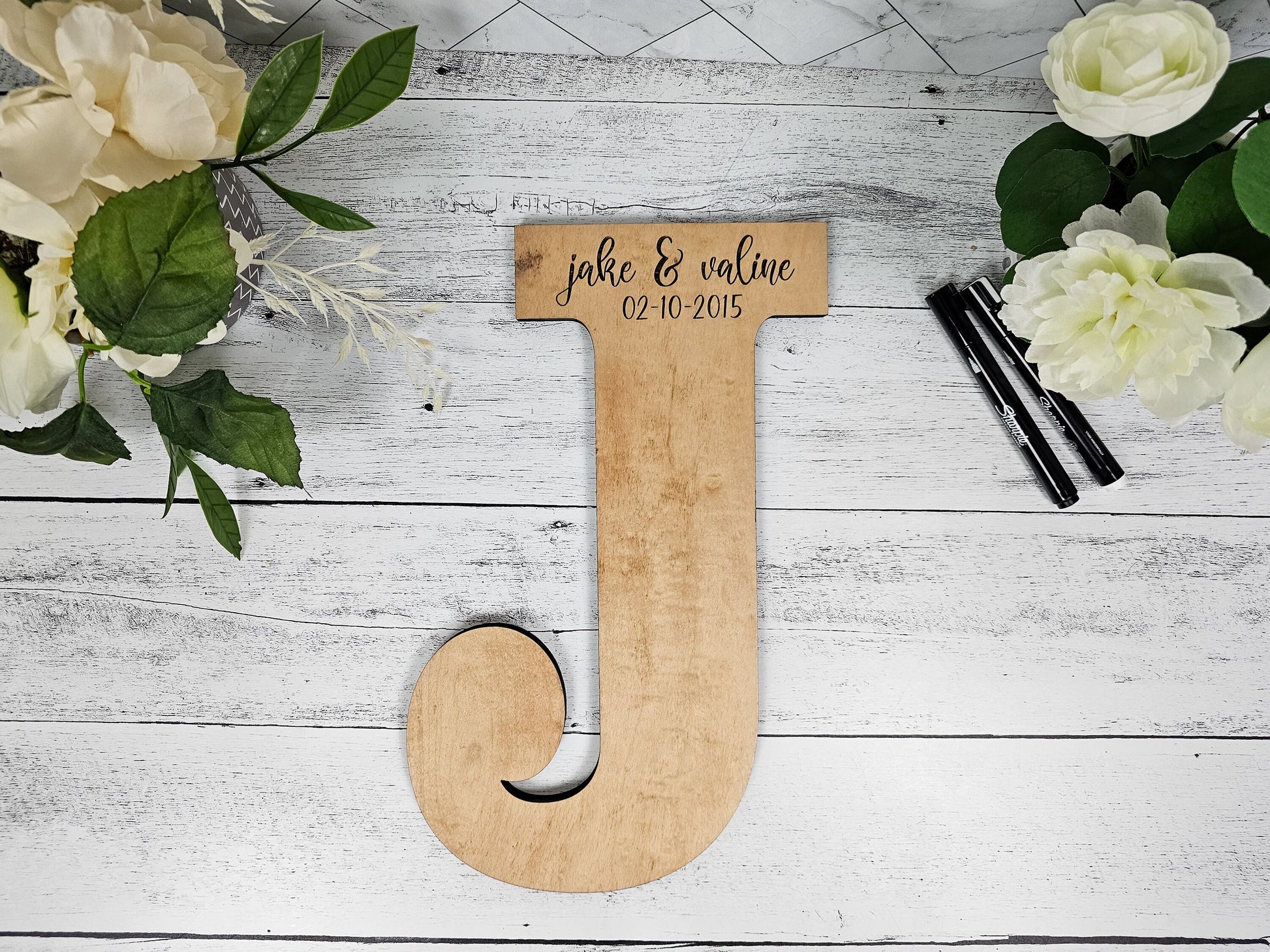 Wedding Guestbook Alternative, Guest Signature Board on Custom Wooden Letter, Personalized with couple's wedding details, Natural Wood Decor