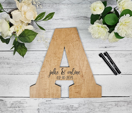 wedding guest signature board, wedding guestbook alternative, large wooden letter, engraved with couple's first names and wedding date, board can be sign using a marker