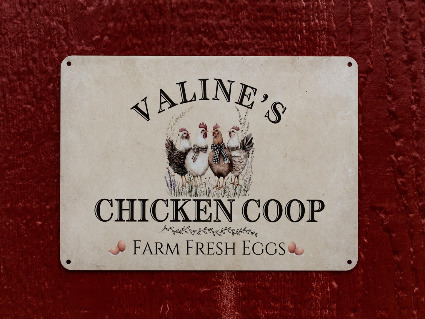 personalized metal chicken coop sign with name, words farm fresh eggs on the bottom. watercolor painting of hens in the middle. custom chicken sign