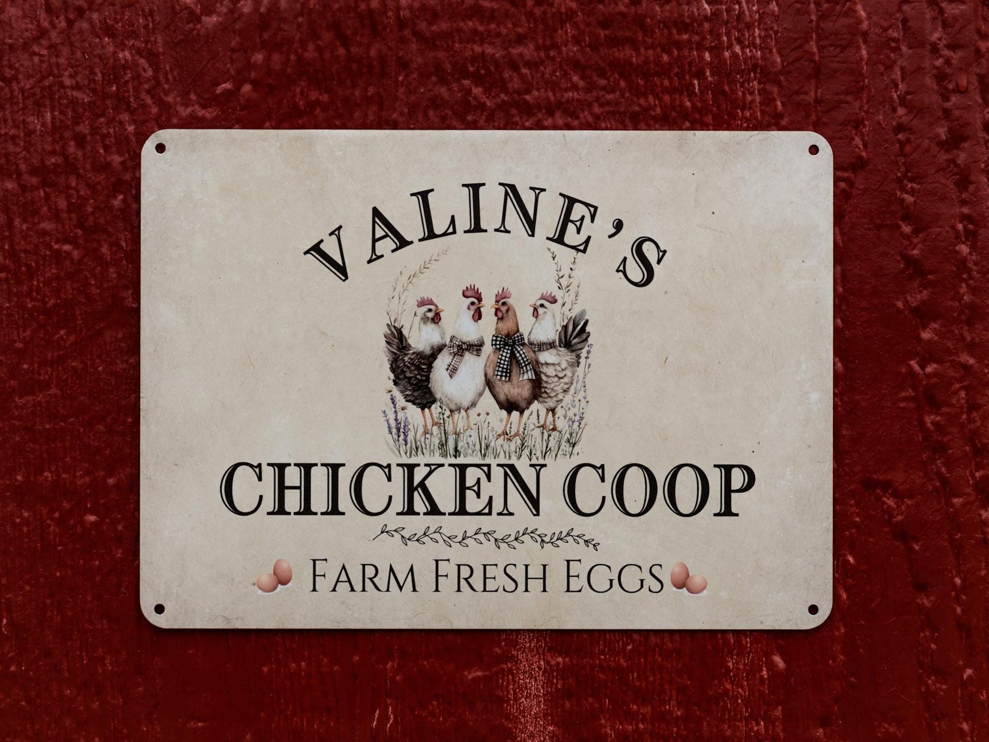 personalized metal chicken coop sign with name, words farm fresh eggs on the bottom. watercolor painting of hens in the middle. custom chicken sign
