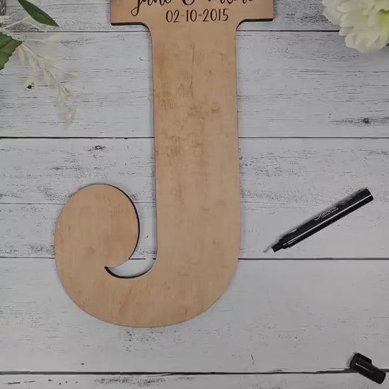 Wedding Guestbook Alternative, Guest Signature Board on Custom Wooden Letter, Personalized with couple's wedding details, Natural Wood Decor