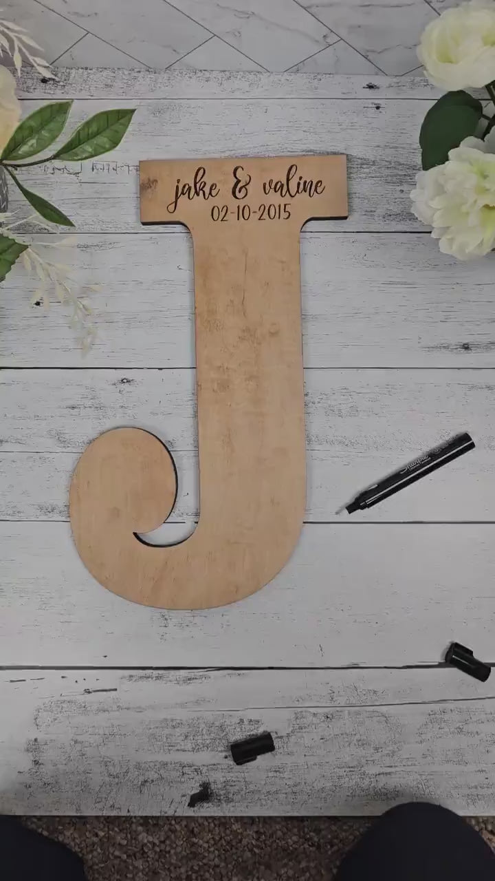 Wedding Guestbook Alternative, Guest Signature Board on Custom Wooden Letter, Personalized with couple's wedding details, Natural Wood Decor