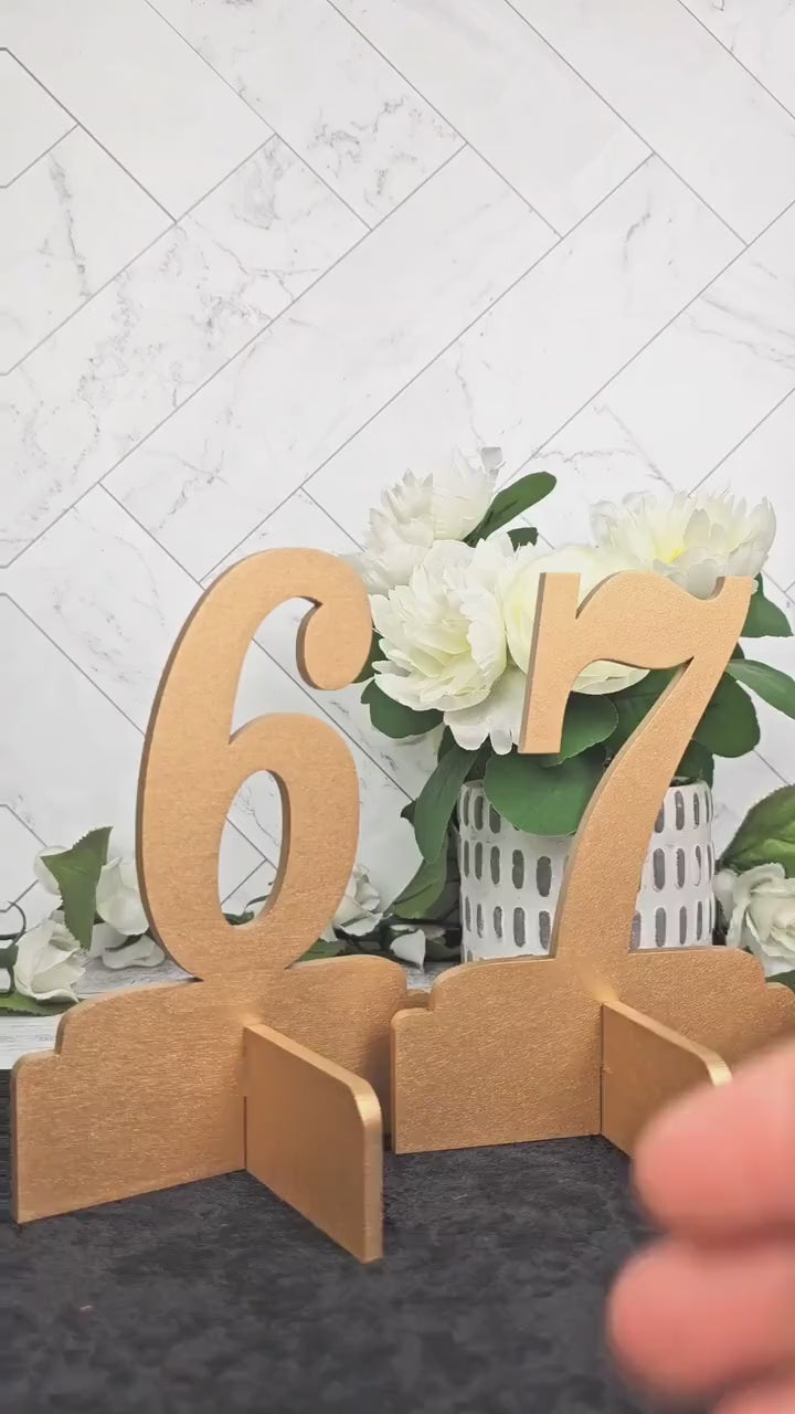 Table Numbers for Wedding Reception Decorations, Gold or natural Wooden Stand Alone Table Numbers with Base, Wood Freestanding Number Cutout