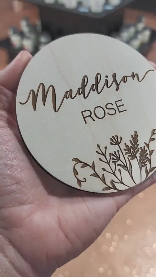 Baby Announcement Name Sign Plaque, Engraved Wooden Round Custom Name Reveal, Newborn Photo Prop, Personalized Nursery Keepsake