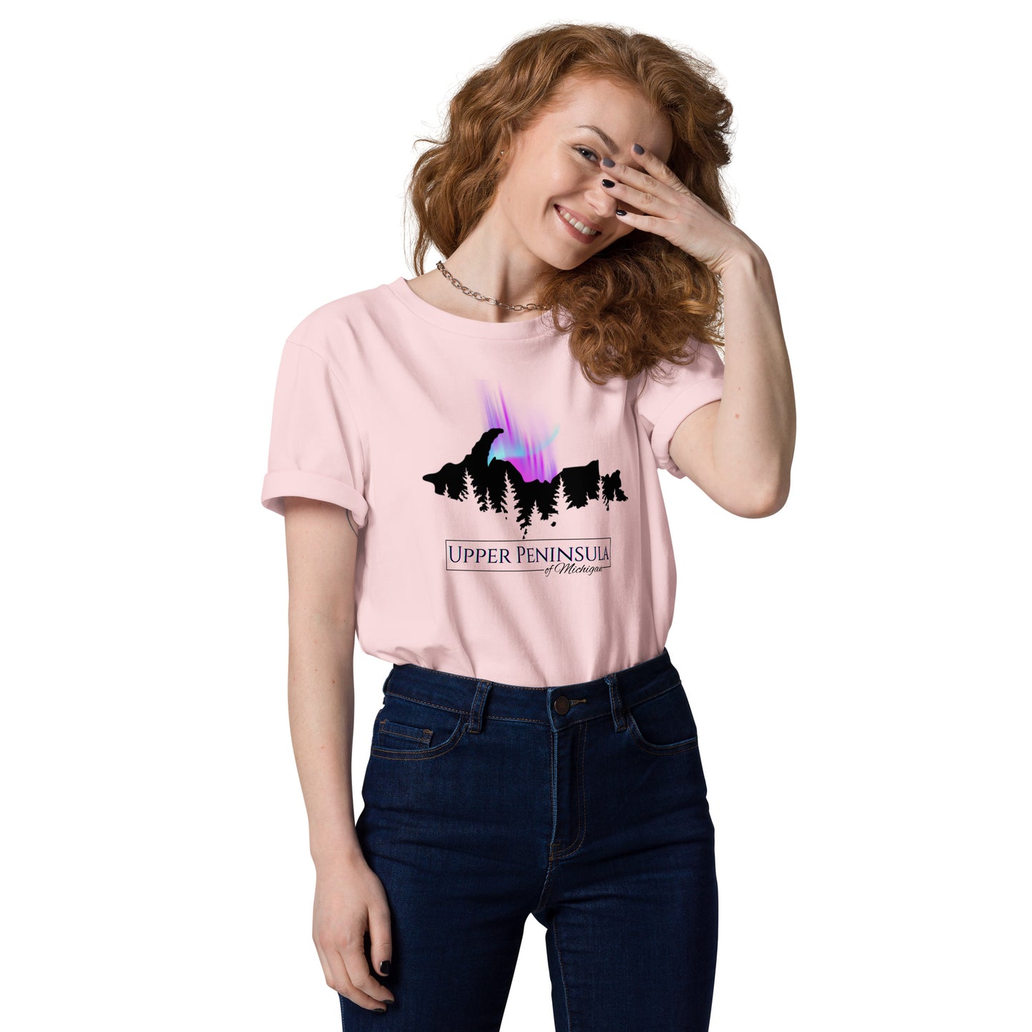 Upper Peninsula Of Michigan T-shirt with Northern Lights, Unisex organic cotton t-shirt