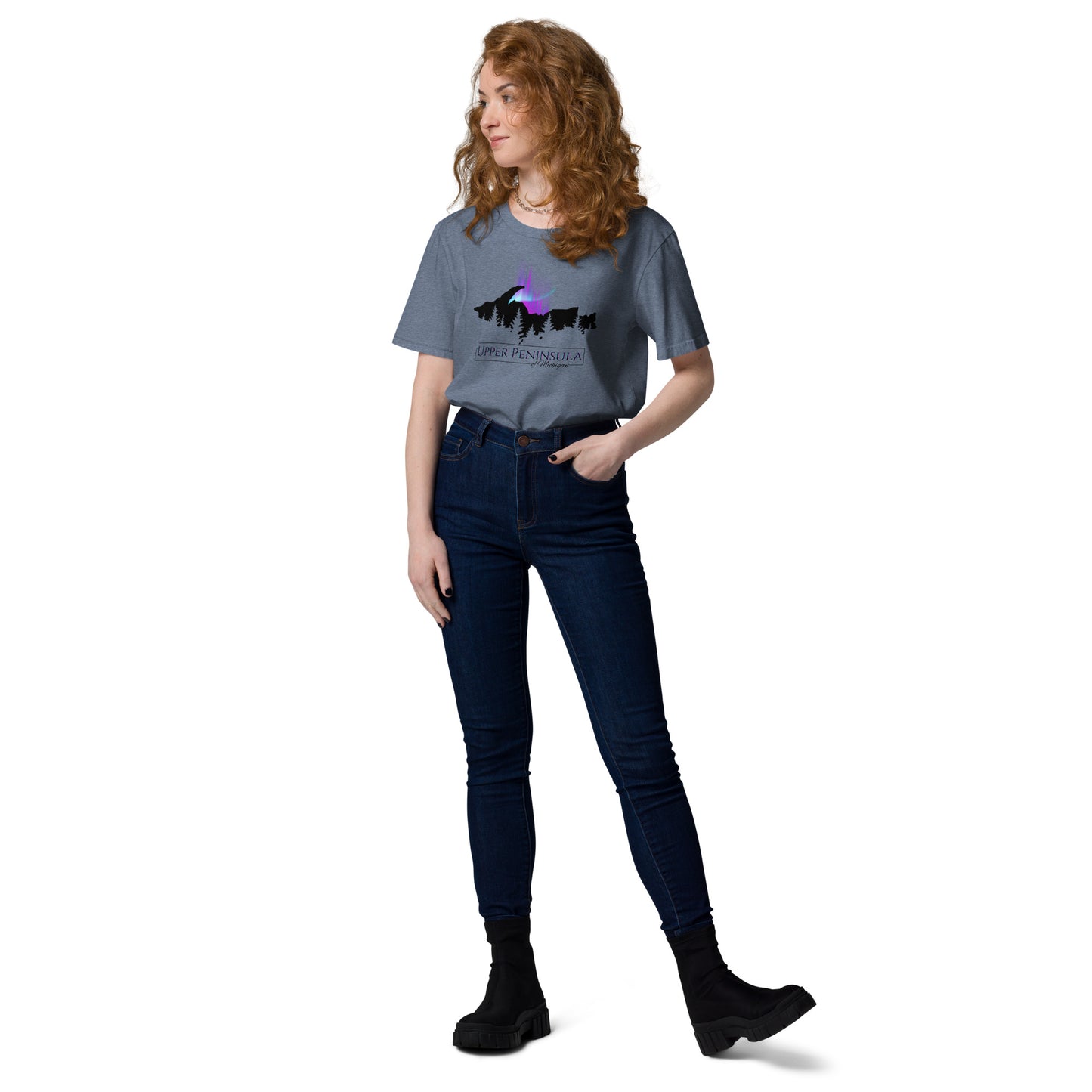 Upper Peninsula Of Michigan T-shirt with Northern Lights, Unisex organic cotton t-shirt