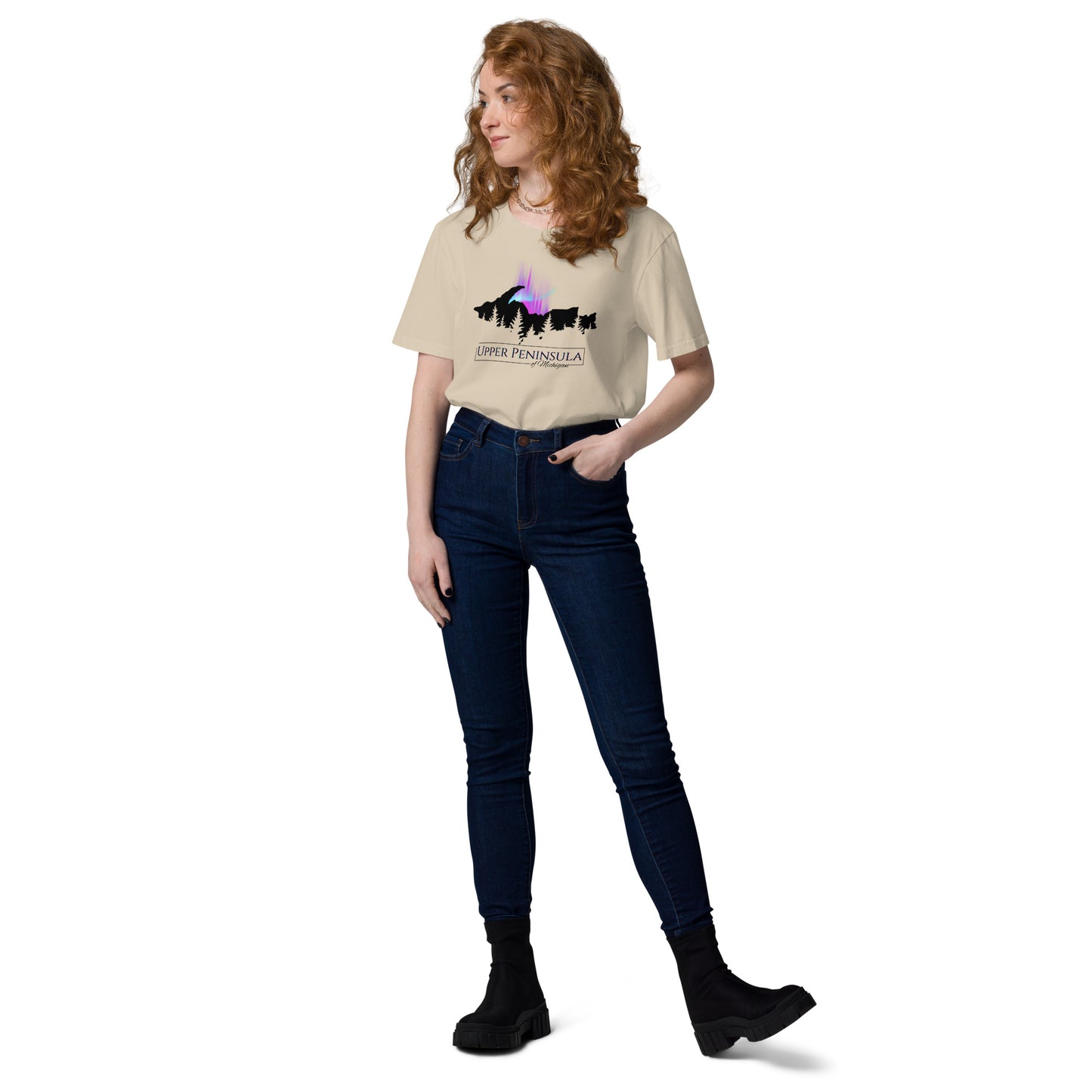 Upper Peninsula Of Michigan T-shirt with Northern Lights, Unisex organic cotton t-shirt
