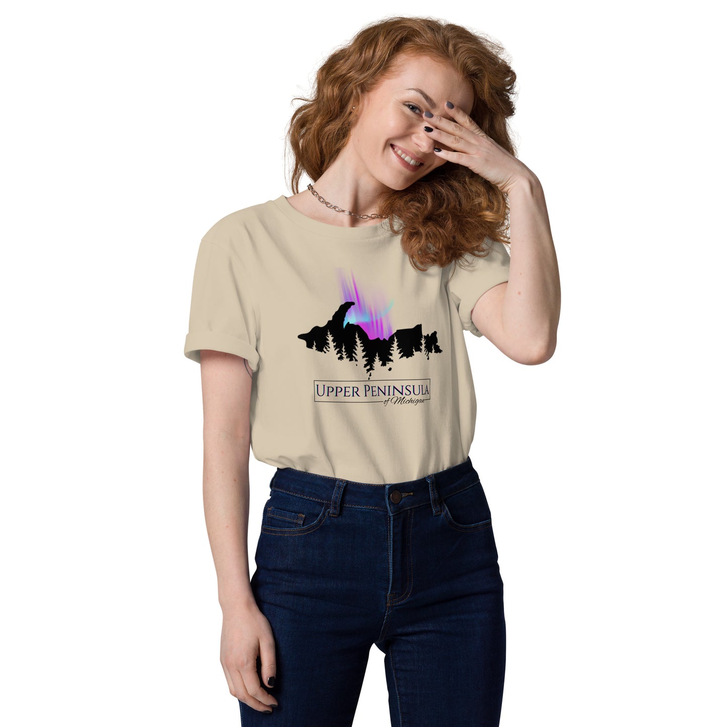 Upper Peninsula Of Michigan T-shirt with Northern Lights, Unisex organic cotton t-shirt