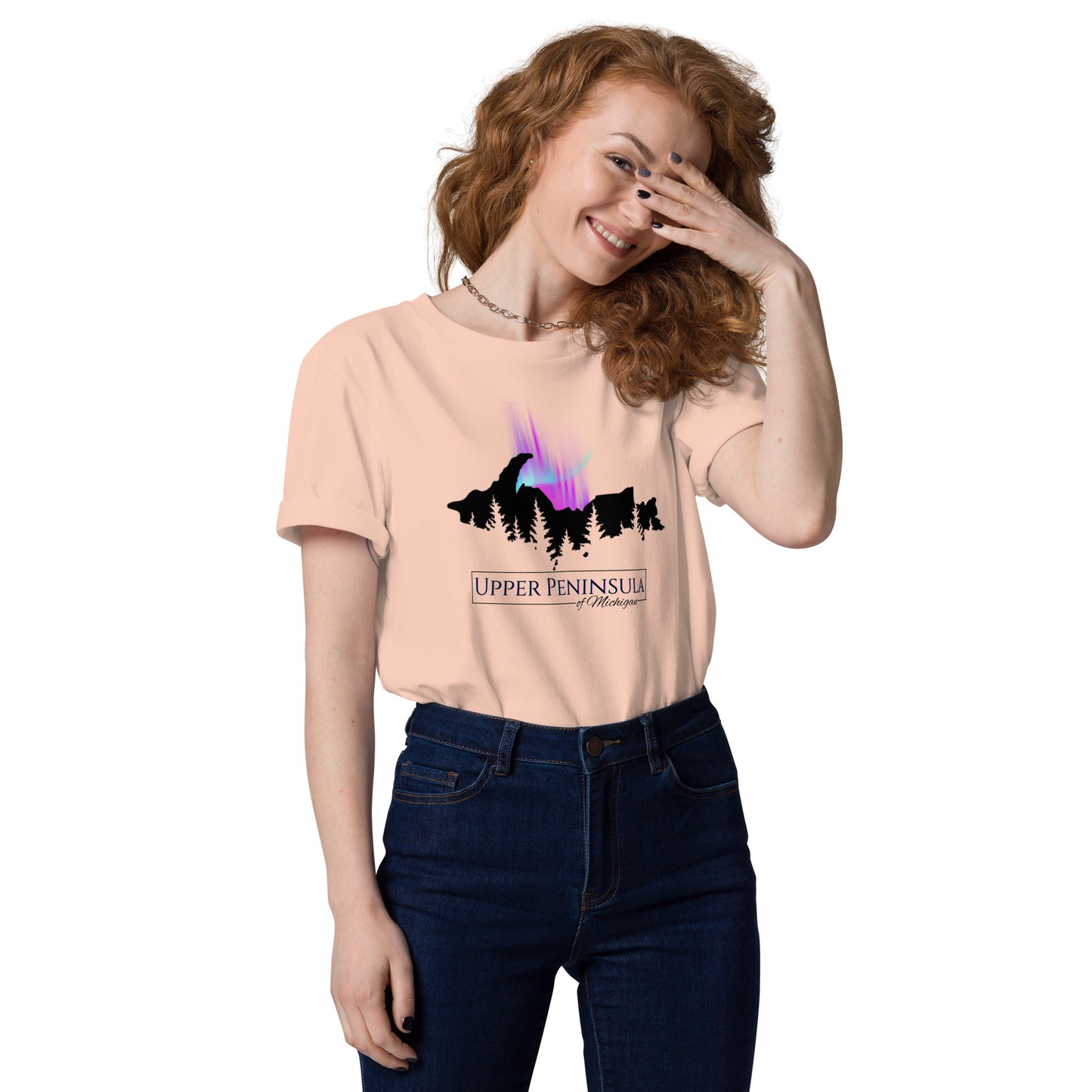 Upper Peninsula Of Michigan T-shirt with Northern Lights, Unisex organic cotton t-shirt