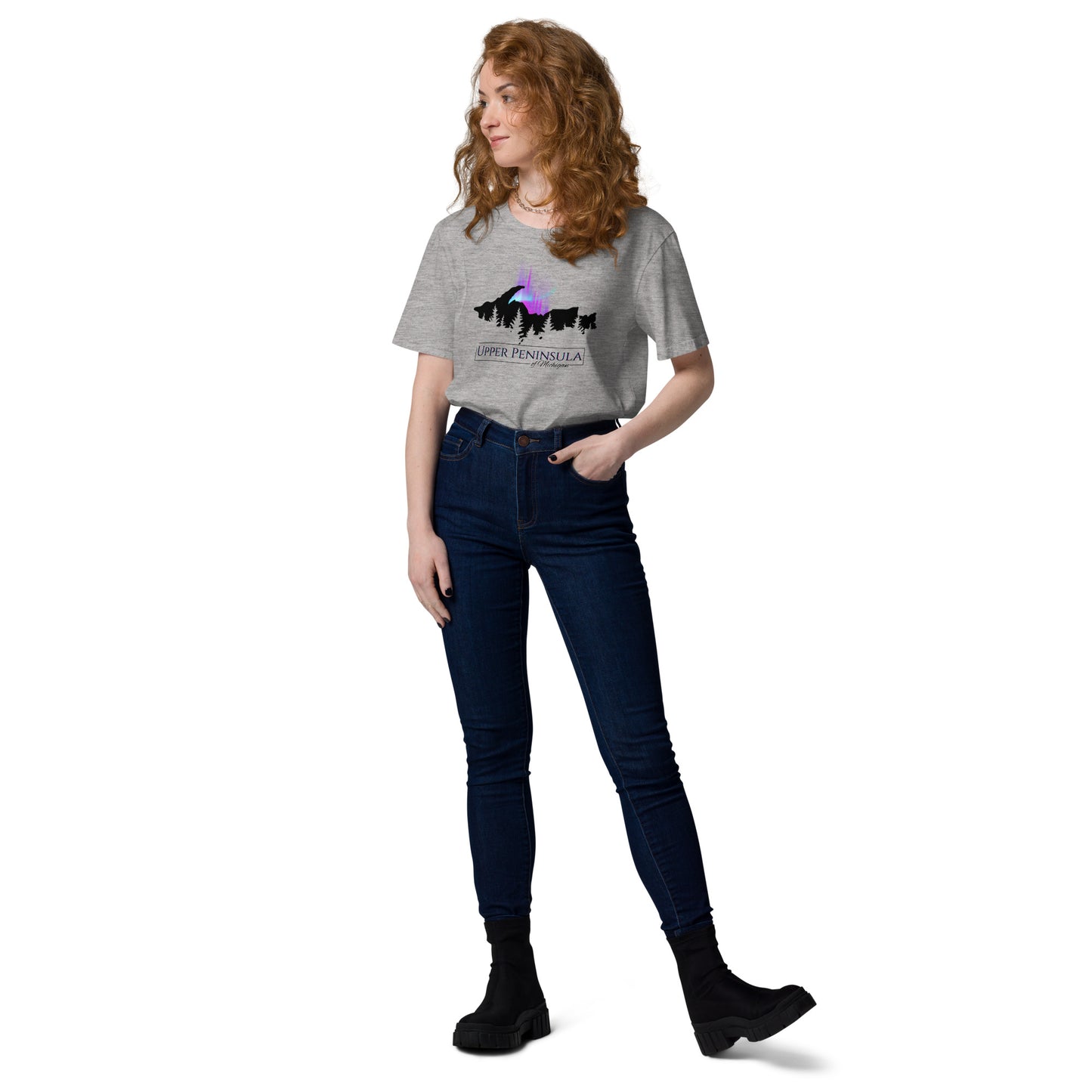 Upper Peninsula Of Michigan T-shirt with Northern Lights, Unisex organic cotton t-shirt