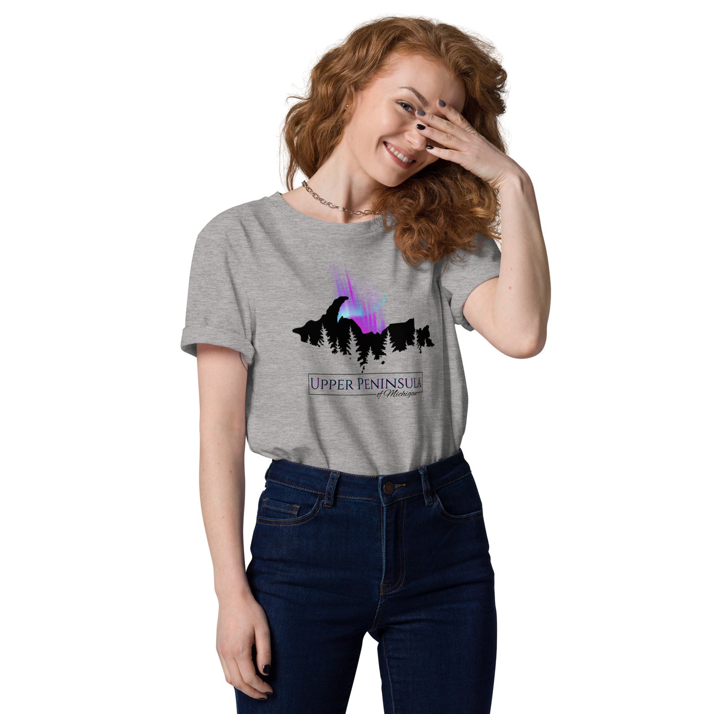 Upper Peninsula Of Michigan T-shirt with Northern Lights, Unisex organic cotton t-shirt