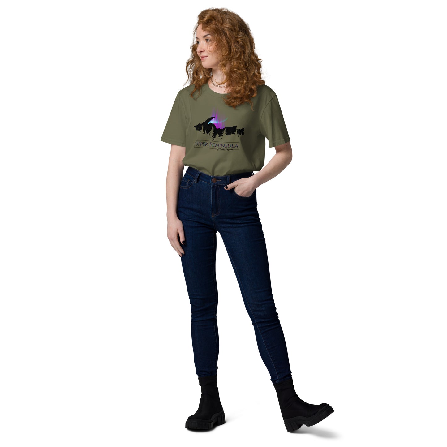 Upper Peninsula Of Michigan T-shirt with Northern Lights, Unisex organic cotton t-shirt