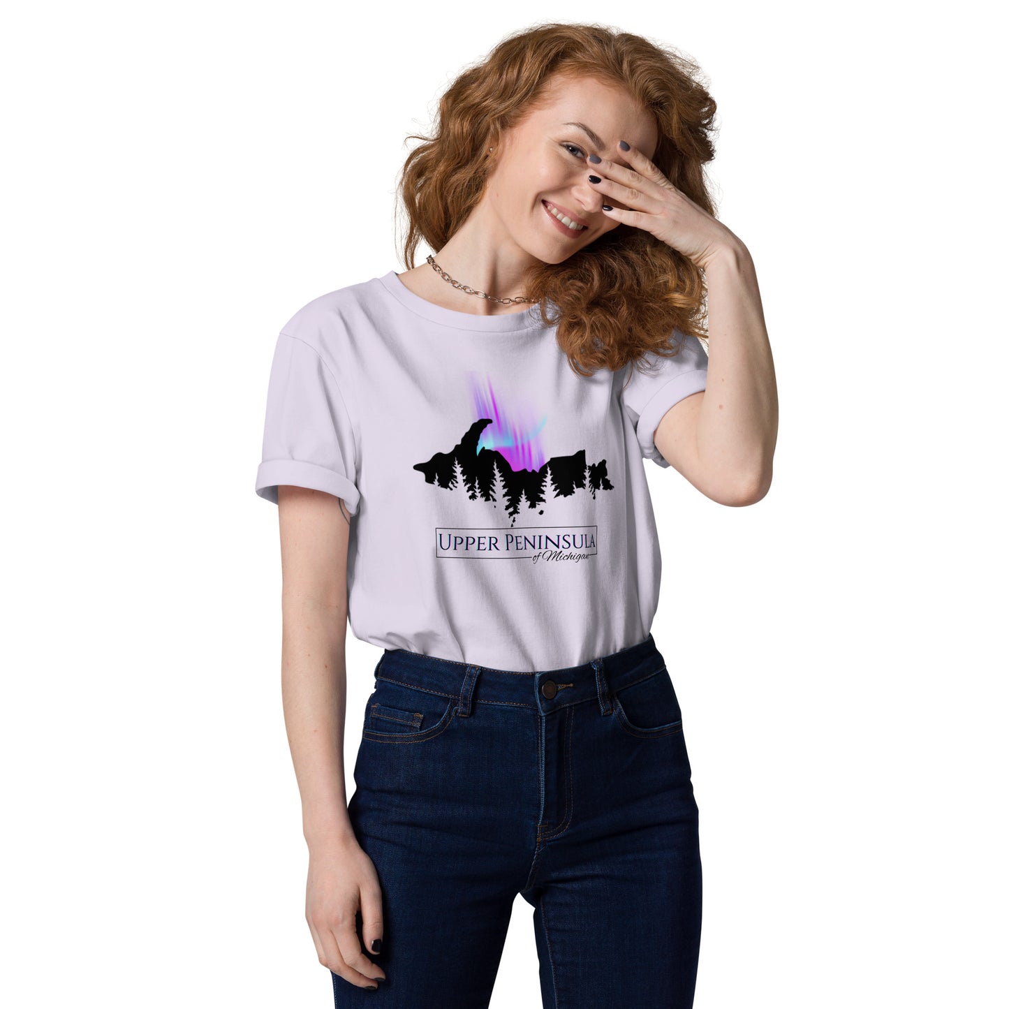 Upper Peninsula Of Michigan T-shirt with Northern Lights, Unisex organic cotton t-shirt