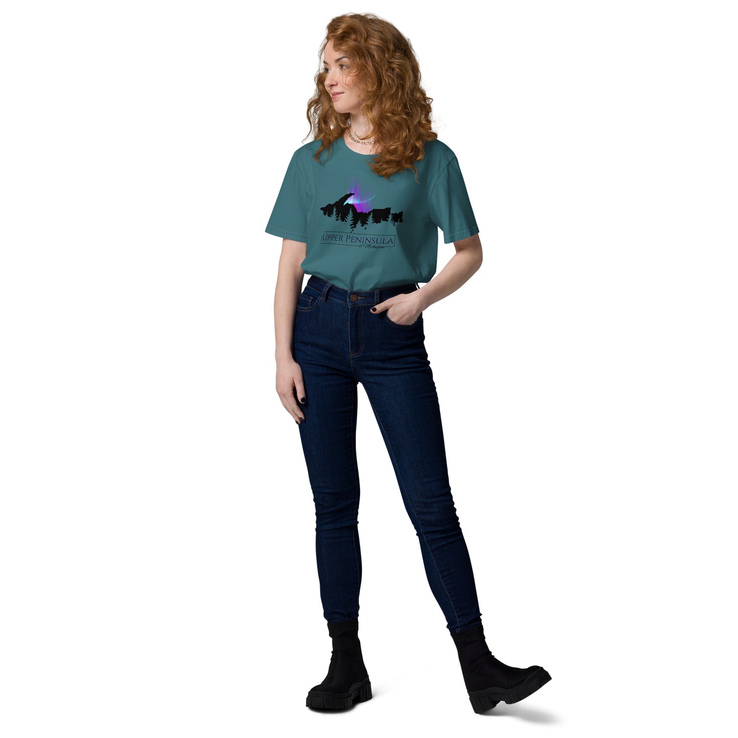 Upper Peninsula Of Michigan T-shirt with Northern Lights, Unisex organic cotton t-shirt
