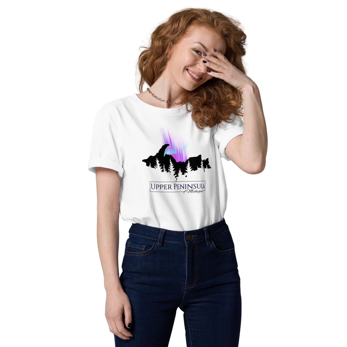 Upper Peninsula Of Michigan T-shirt with Northern Lights, Unisex organic cotton t-shirt