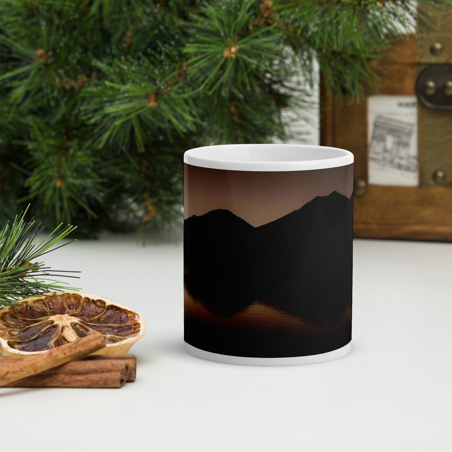 Rocky Mountain Sunrise Reflection Mug - Sprague Lake Nature Scene Coffee Cup, White glossy mug