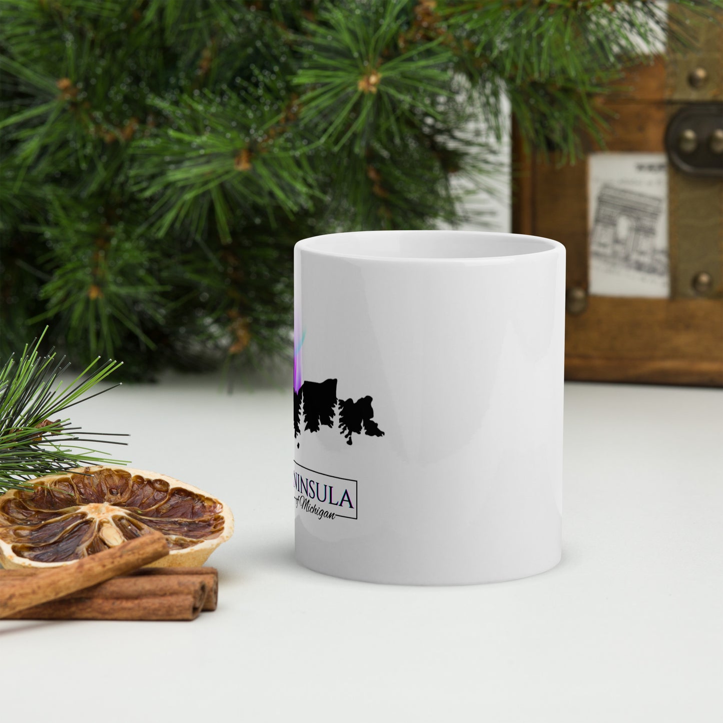 Upper Peninsula of Michigan with Northern Lights & Pine tree Coffee Mug, White glossy mug