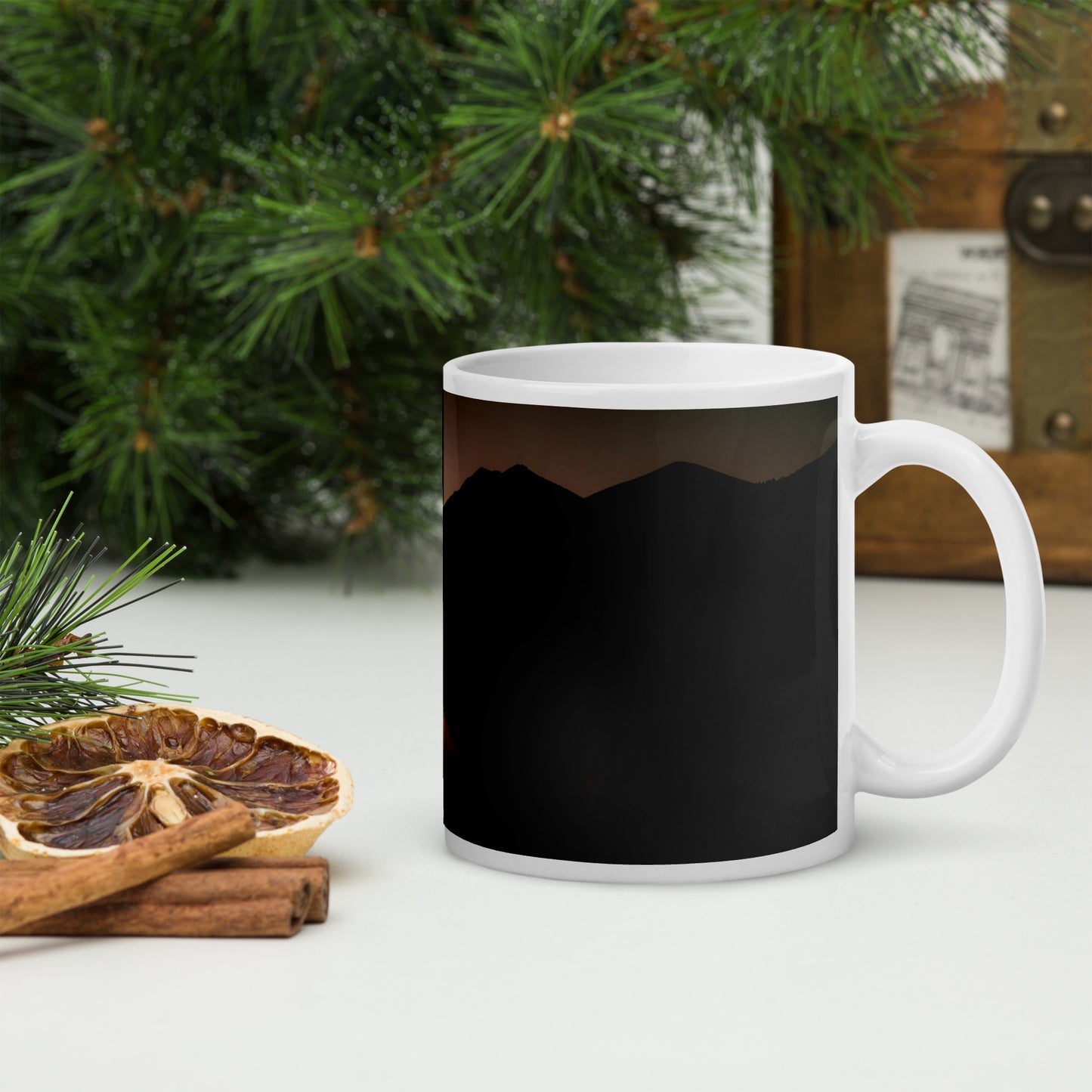 Rocky Mountain Sunrise Reflection Mug - Sprague Lake Nature Scene Coffee Cup, White glossy mug