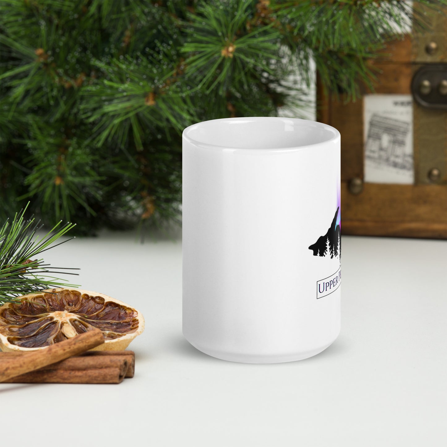 Upper Peninsula of Michigan with Northern Lights & Pine tree Coffee Mug, White glossy mug