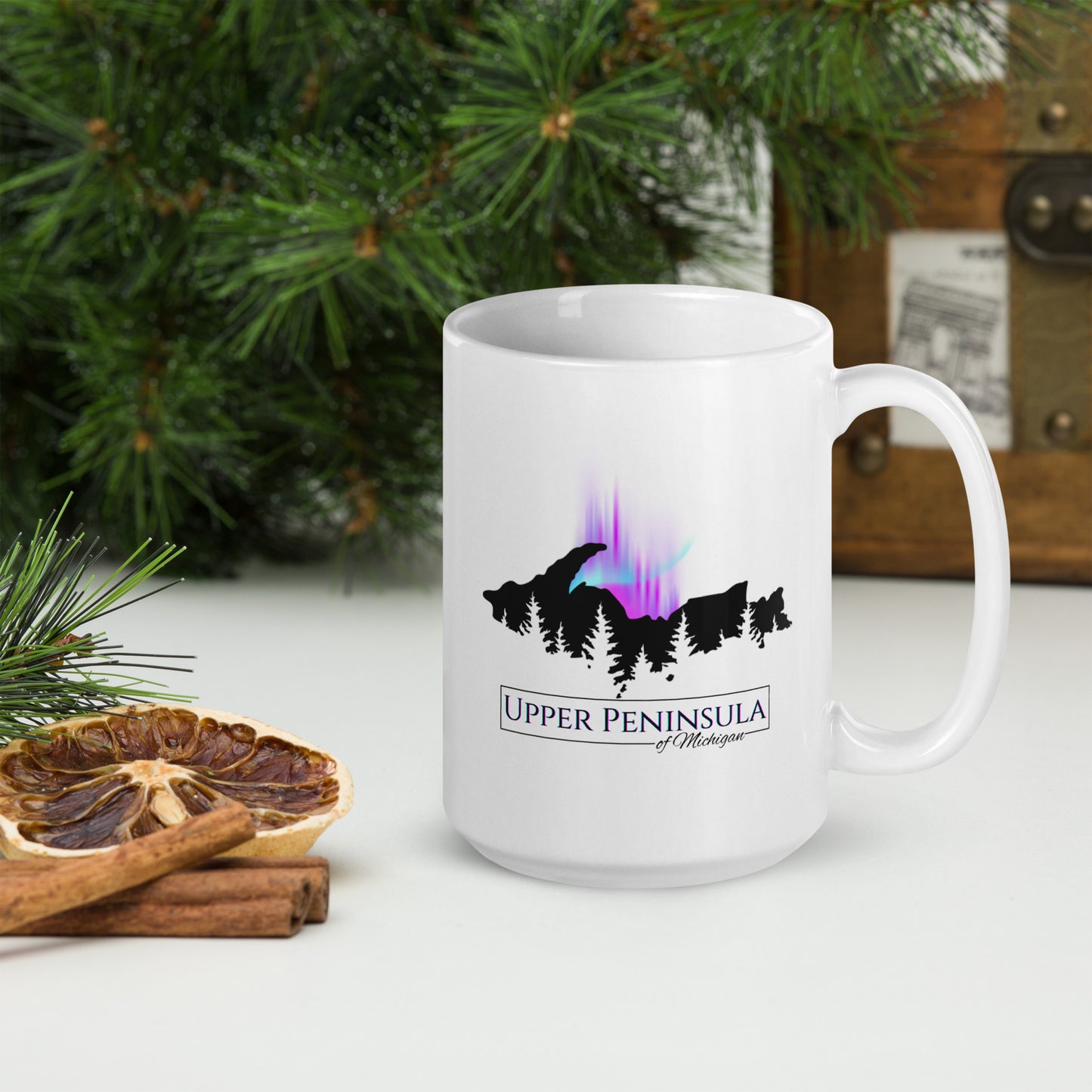 Upper Peninsula of Michigan with Northern Lights & Pine tree Coffee Mug, White glossy mug