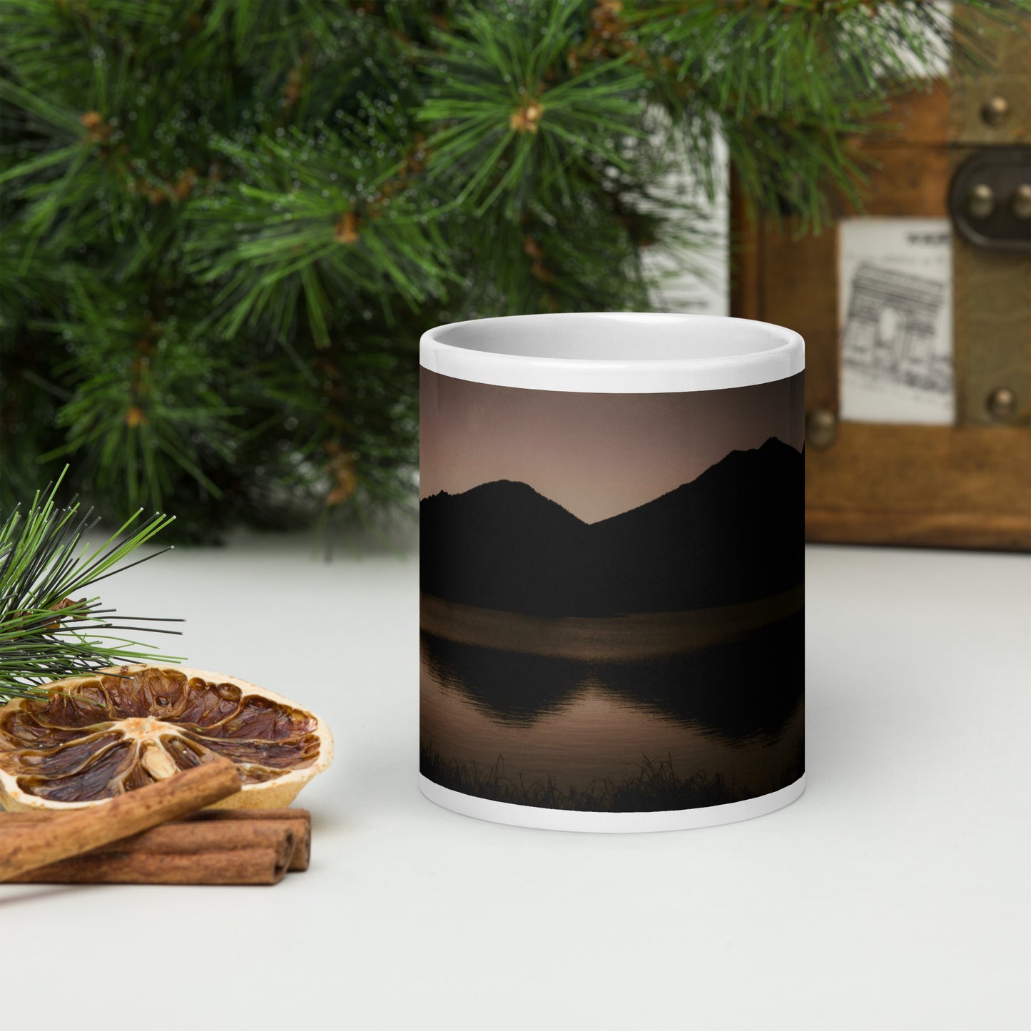 Rocky Mountain Sunrise Reflection Mug - Sprague Lake Nature Scene Coffee Cup, White glossy mug