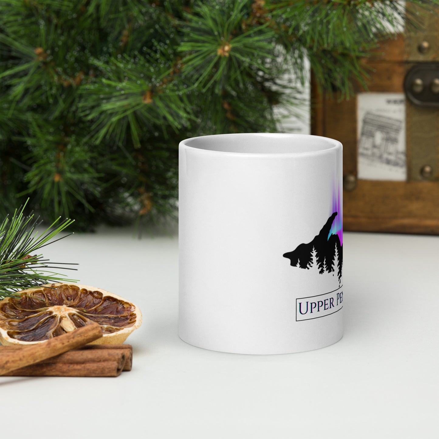 Upper Peninsula of Michigan with Northern Lights & Pine tree Coffee Mug, White glossy mug