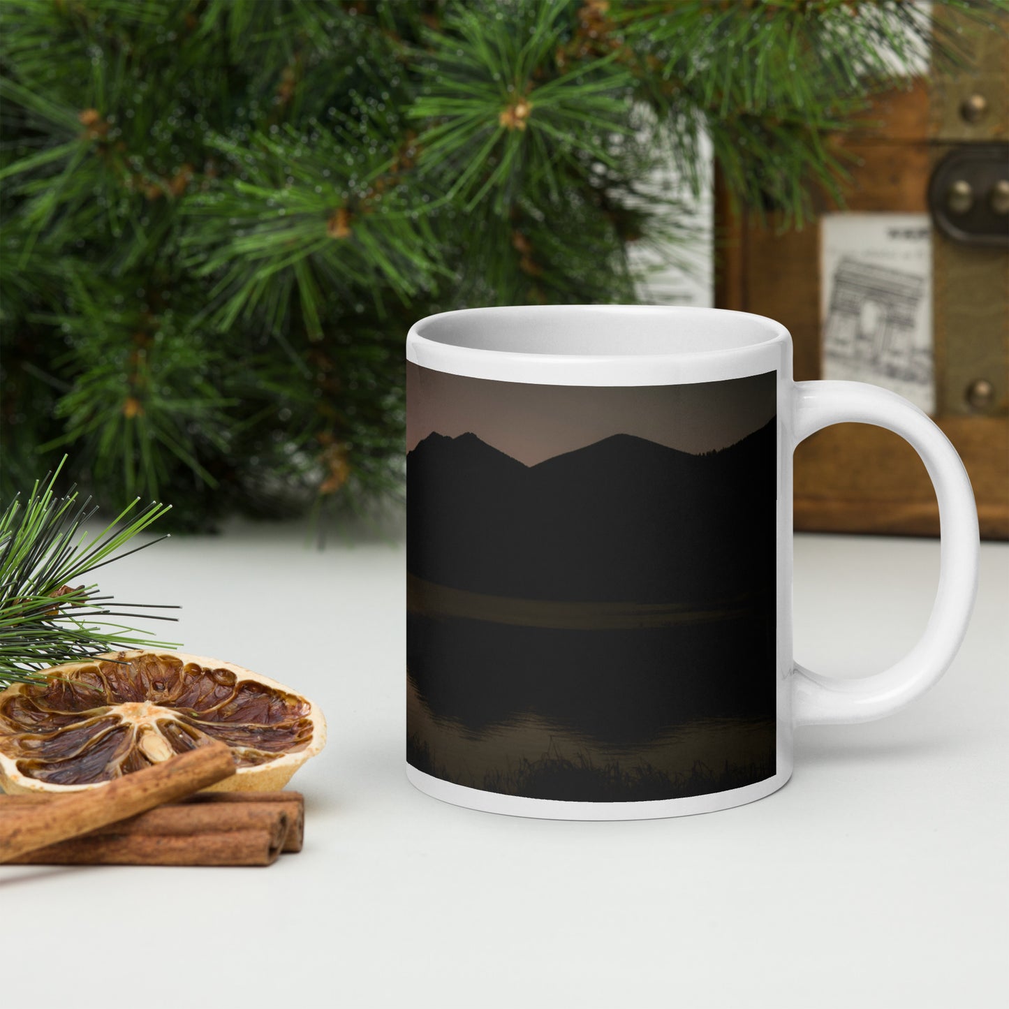 Rocky Mountain Sunrise Reflection Mug - Sprague Lake Nature Scene Coffee Cup, White glossy mug