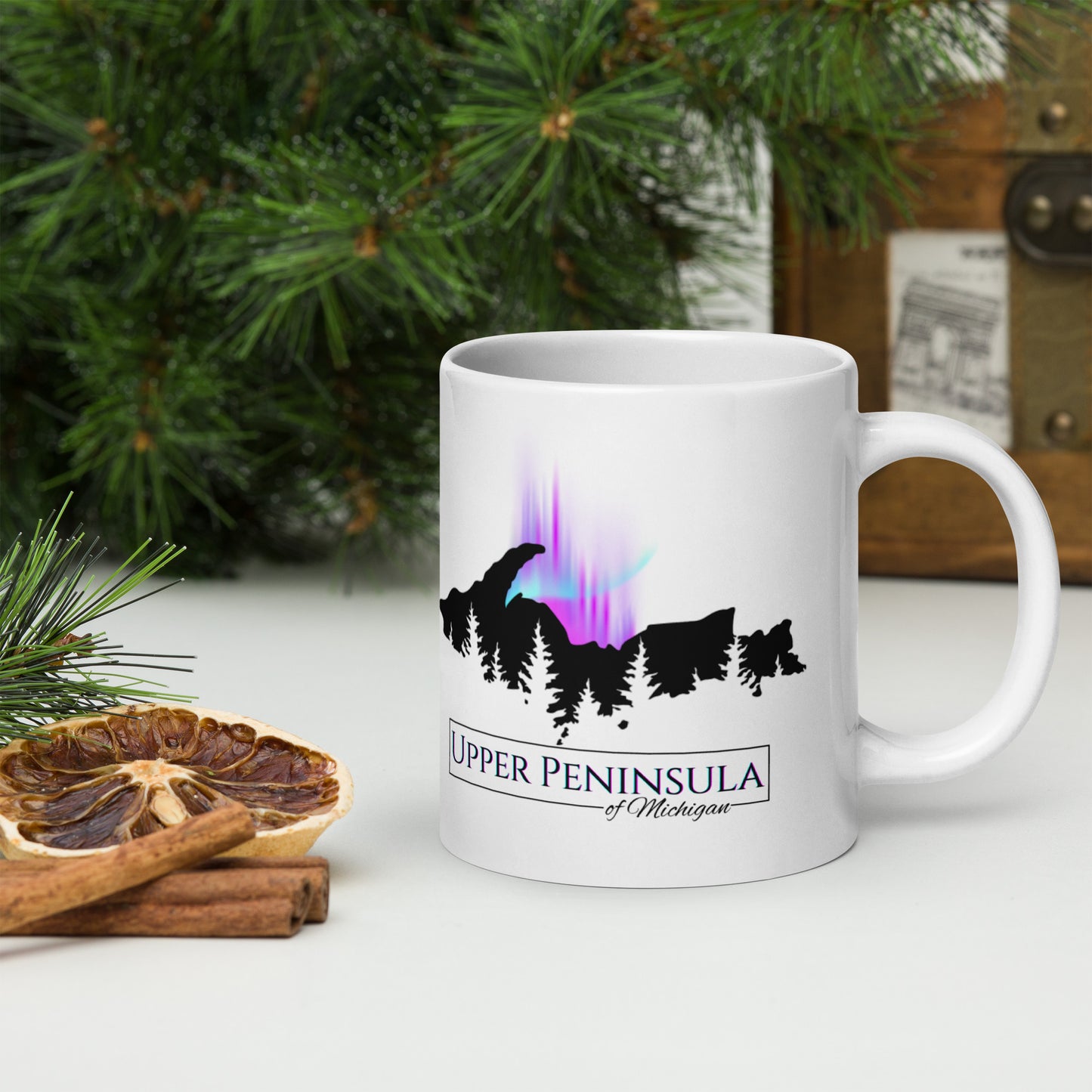 Upper Peninsula of Michigan with Northern Lights & Pine tree Coffee Mug, White glossy mug