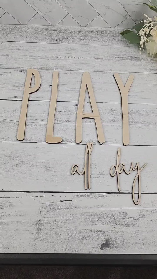 PLAY all day playroom kids toy room decor sign wood wall art, recreational room signage, custom wood cut out words & letters, preschool sign