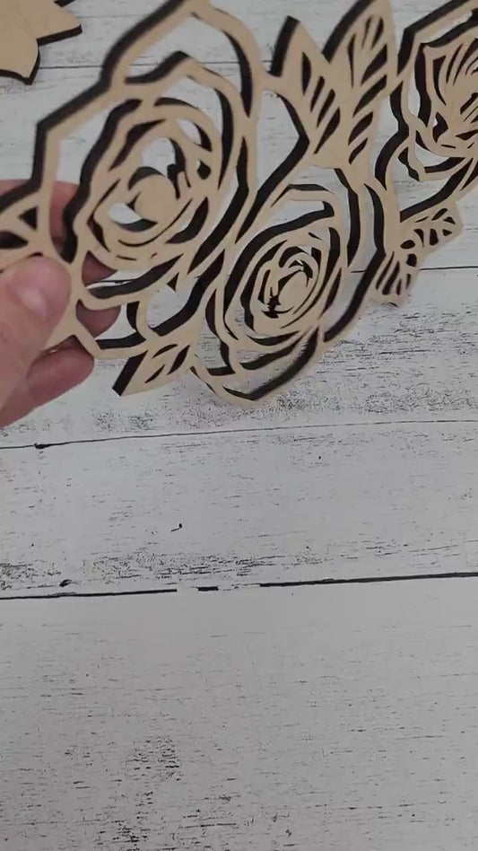 Wood Floral Rose Cut out, Flower shapes with leaves, Wooden floral pattern for signs, flowery blanks for crafts, unfinished DIY, sign making