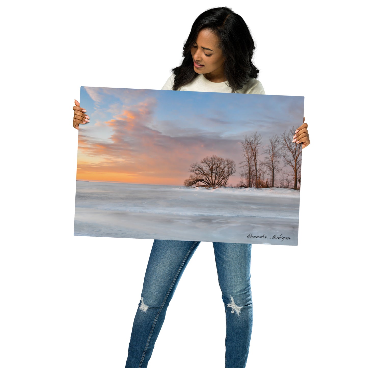 Metal prints - Escanaba Michigan Winter sunrise over Lake Michigan, Sand Point, Water Plant Road, Ludington Park view