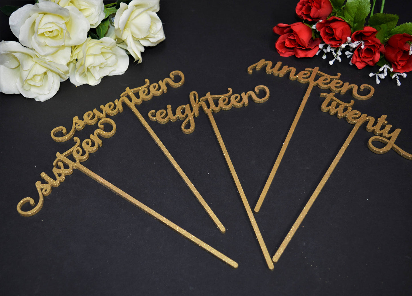 Gold Glitter Wedding Table Numbers with attached stakes
