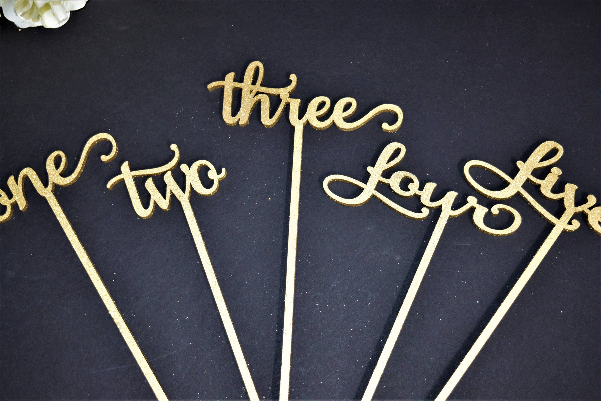 Gold Glitter Wedding Table Numbers with attached stakes