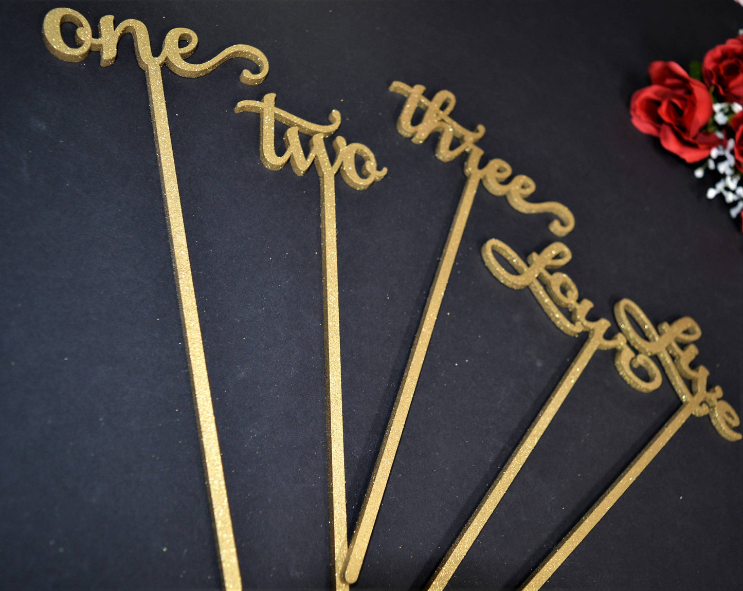 Gold Glitter Wedding Table Numbers with attached stakes