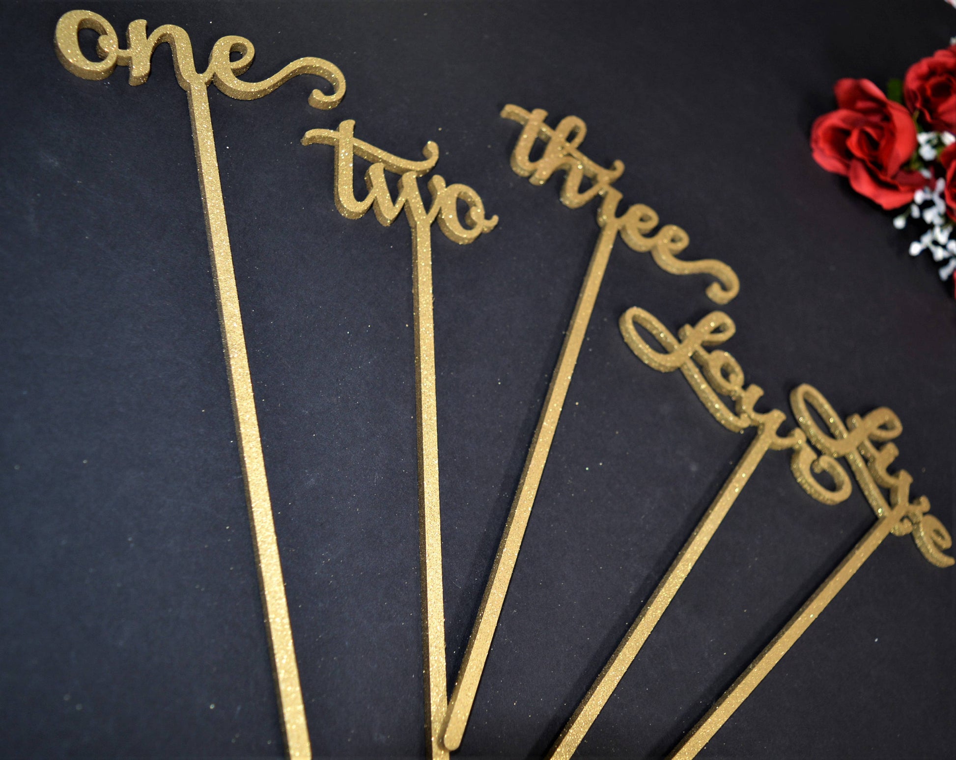 Gold Glitter Wedding Table Numbers with attached stakes