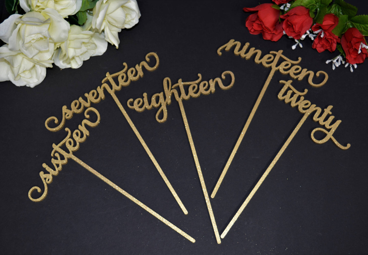 Gold Glitter Wedding Table Numbers with attached stakes