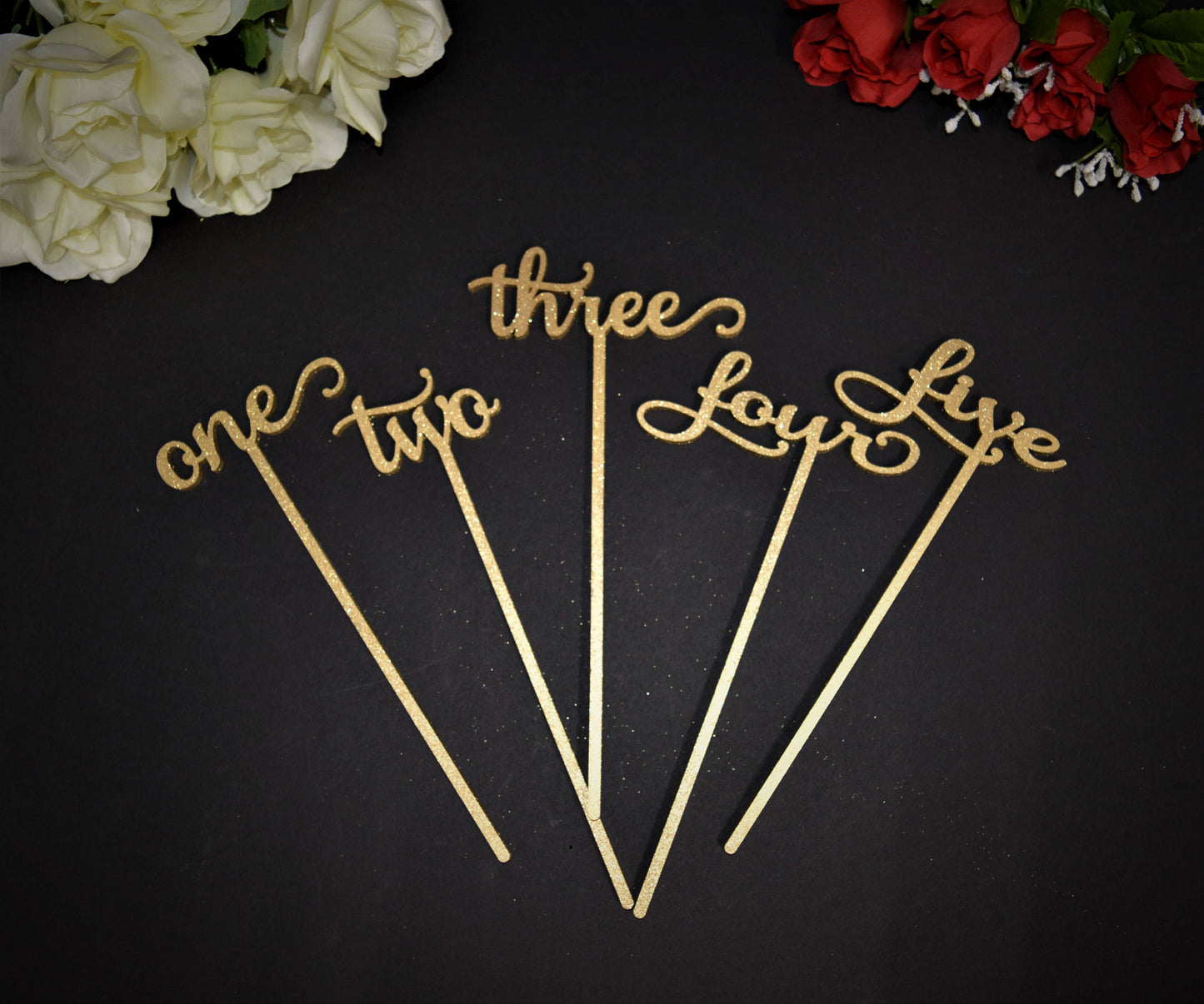 Gold Glitter Wedding Table Numbers with attached stakes