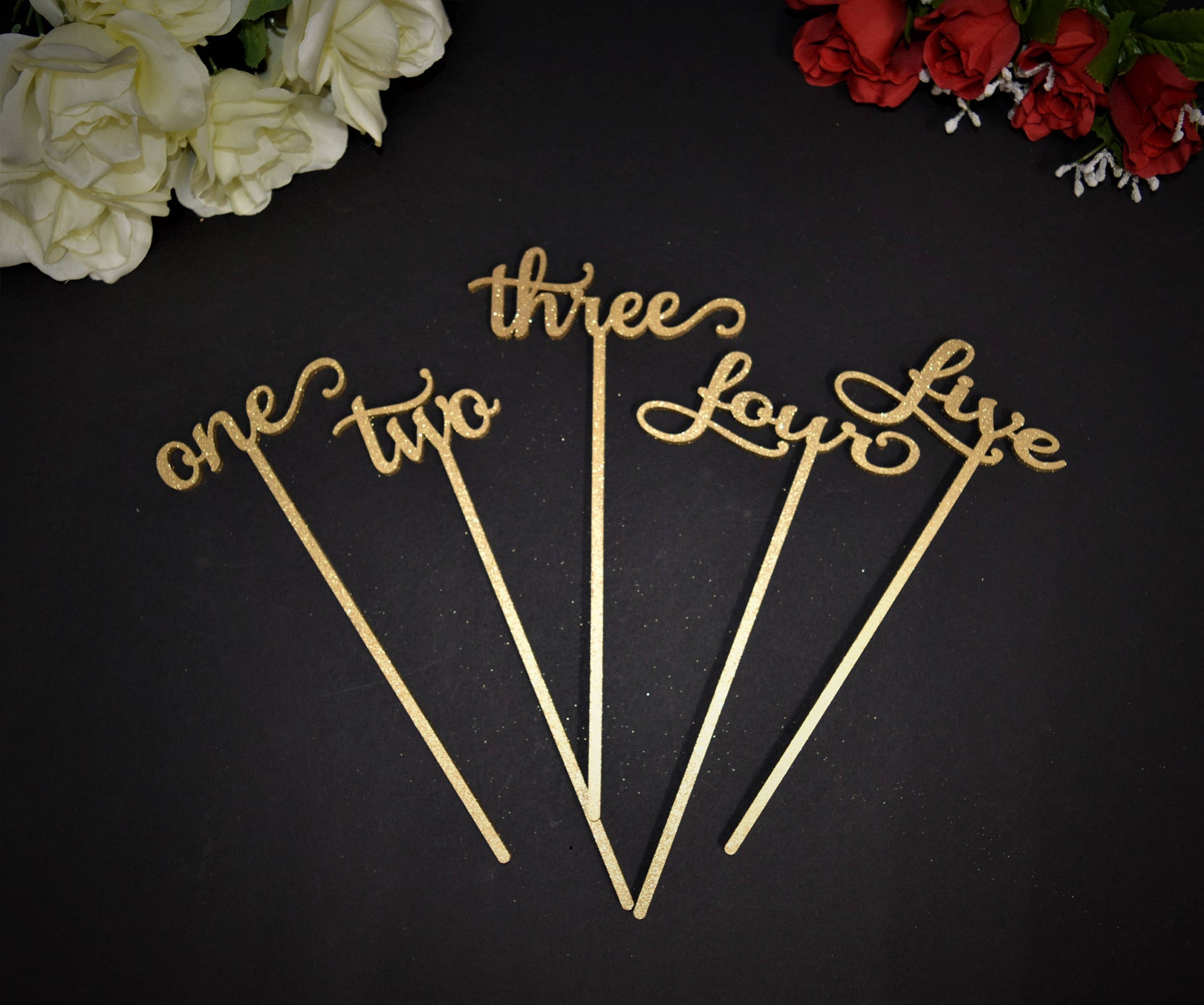 Gold Glitter Wedding Table Numbers with attached stakes