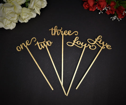 Gold Glitter Wedding Table Numbers with attached stakes